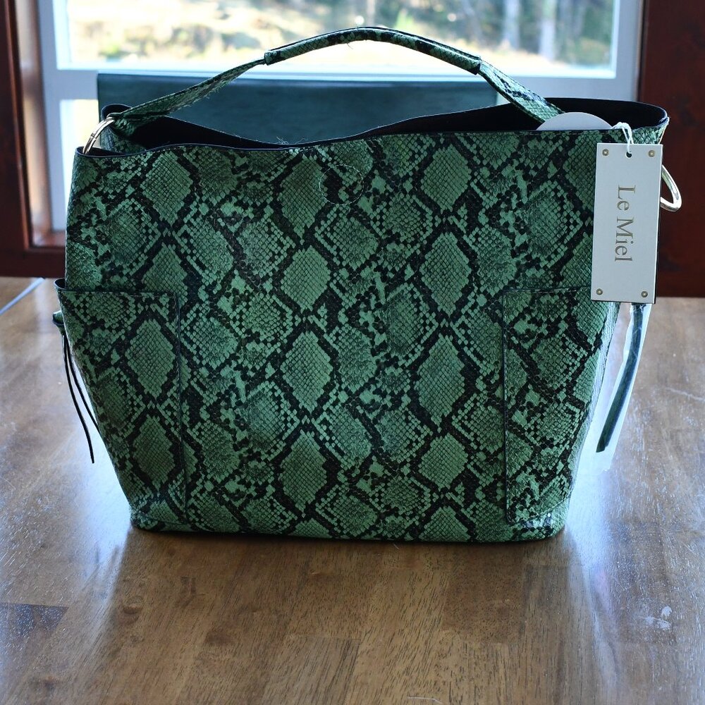 Le Miel Vegan Green Snakeskin 2 in 1 Large Tote Handbag NWT